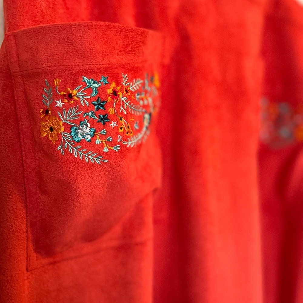 HARKEL | Red, suede overall dress w/large front pockets;floral embroidery-Easter